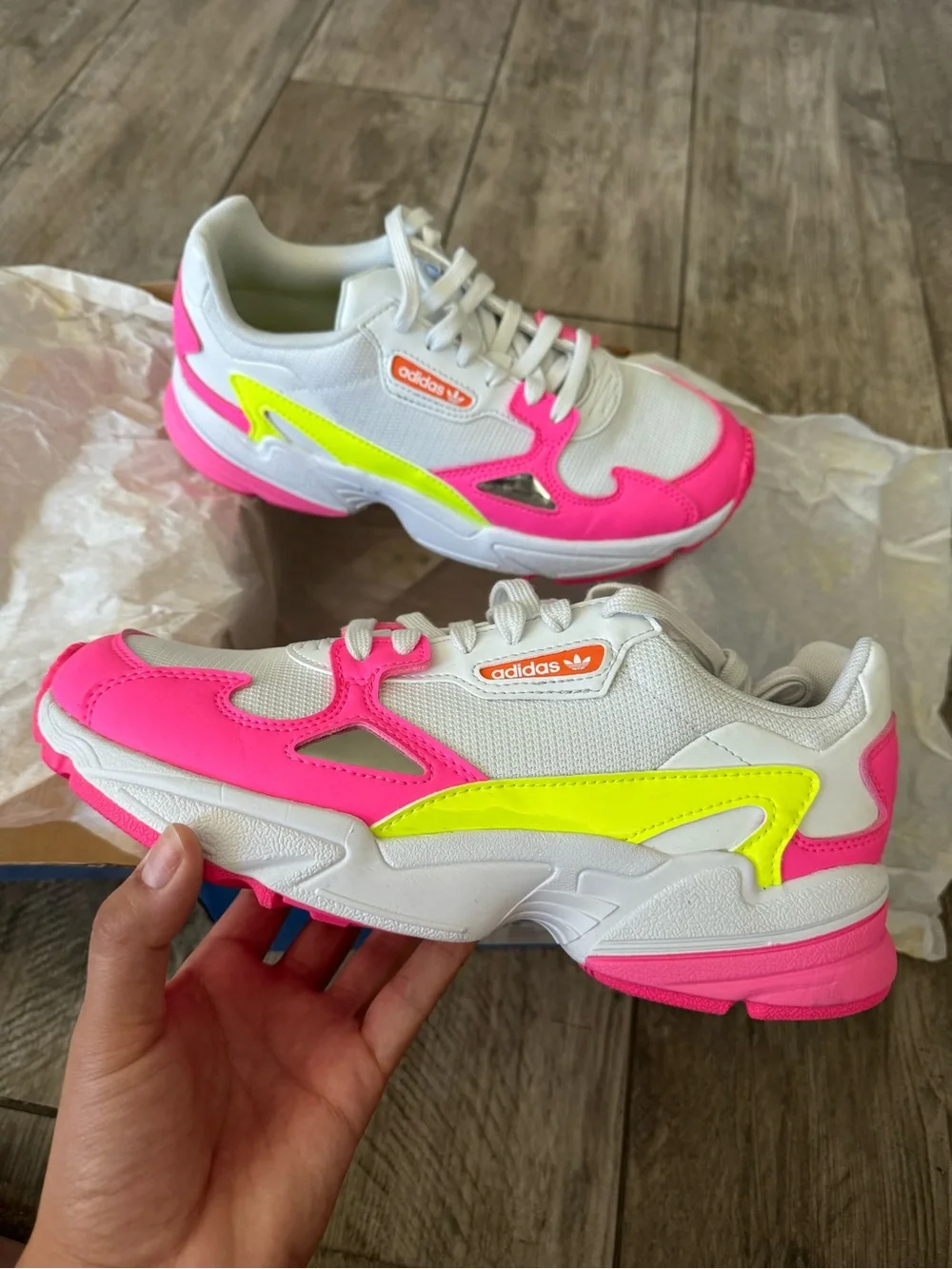 Adidas Falcon White Sneakers with Neon Pink & Neon Yellow Accents
